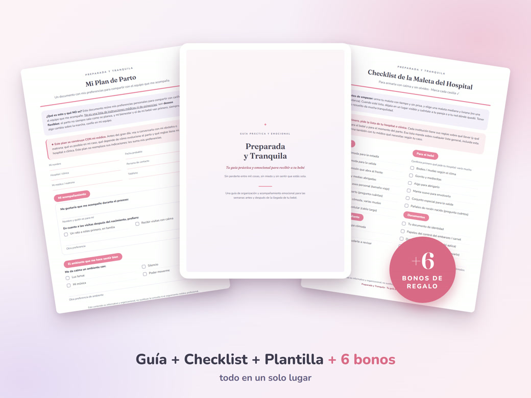 Guía Preparada y Tranquila con el checklist de la maleta, la plantilla de plan de parto y 6 bonos de regalo